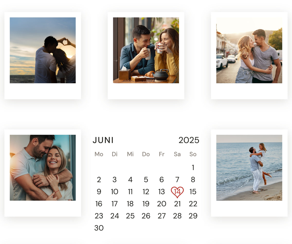 Jubiläums-Collage „Unser Tag“ – Nahaufnahme: Monatskalender mit rotem Herz und Polaroids