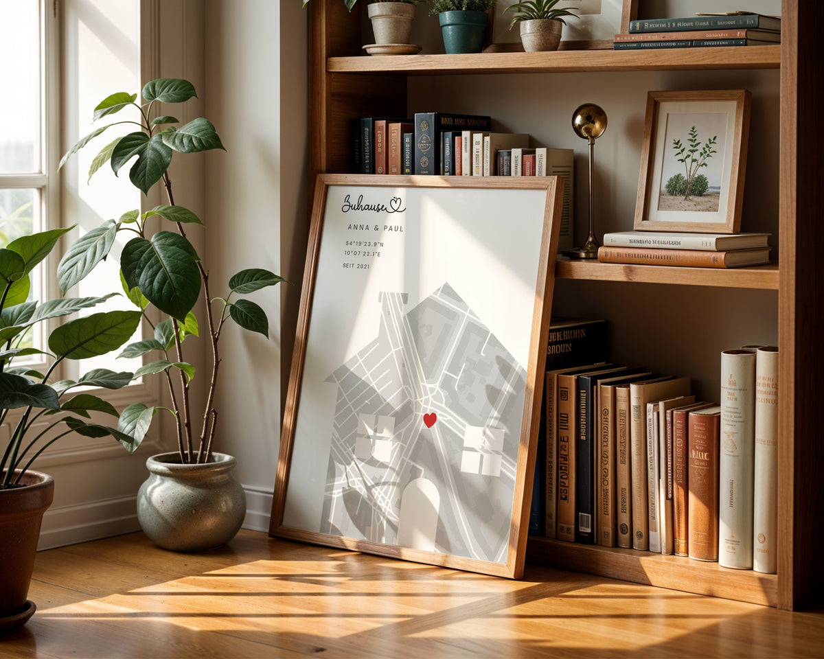 Karten-Poster „Zuhause“ – gerahmtes Poster an der Wand