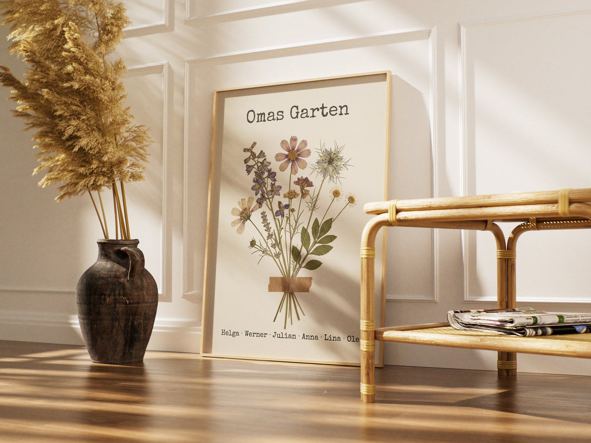 Geburtsblumen Familienstrauß Gepresste Blumen (Variante 7) – Omas Garten mit Namen