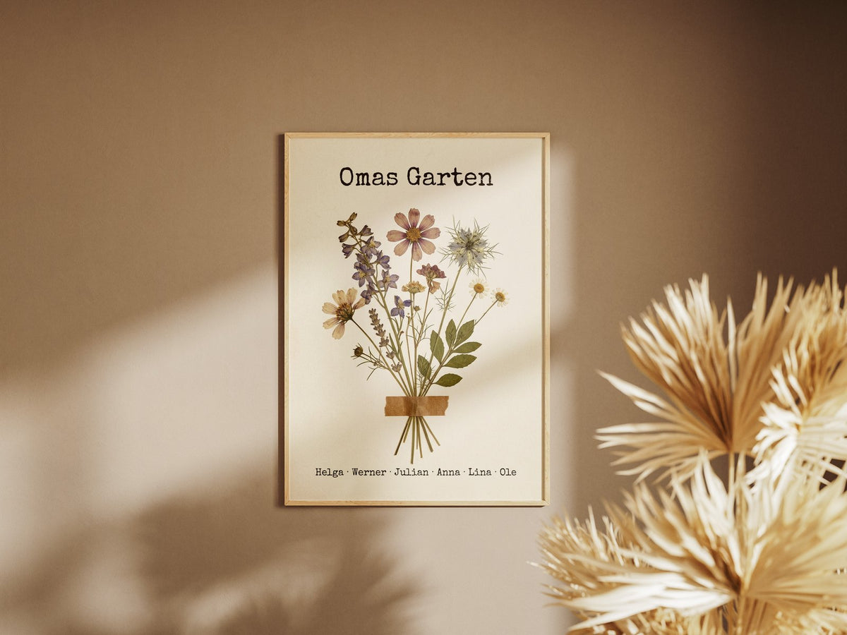 Geburtsblumen Familienstrauß Gepresste Blumen (Variante 7) – Omas Garten mit Namen