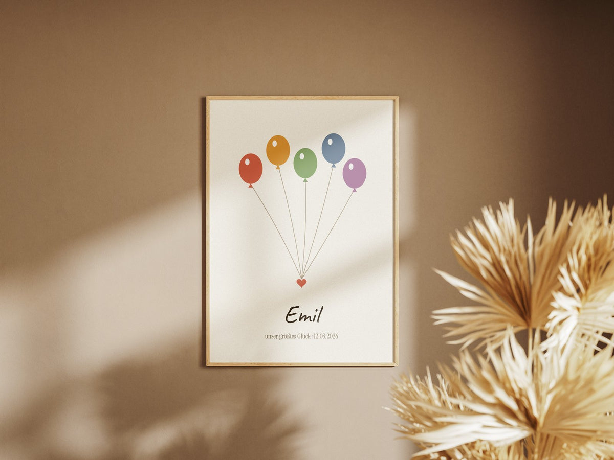 Regenbogenbaby – Ballons – gerahmtes Poster an der Wand