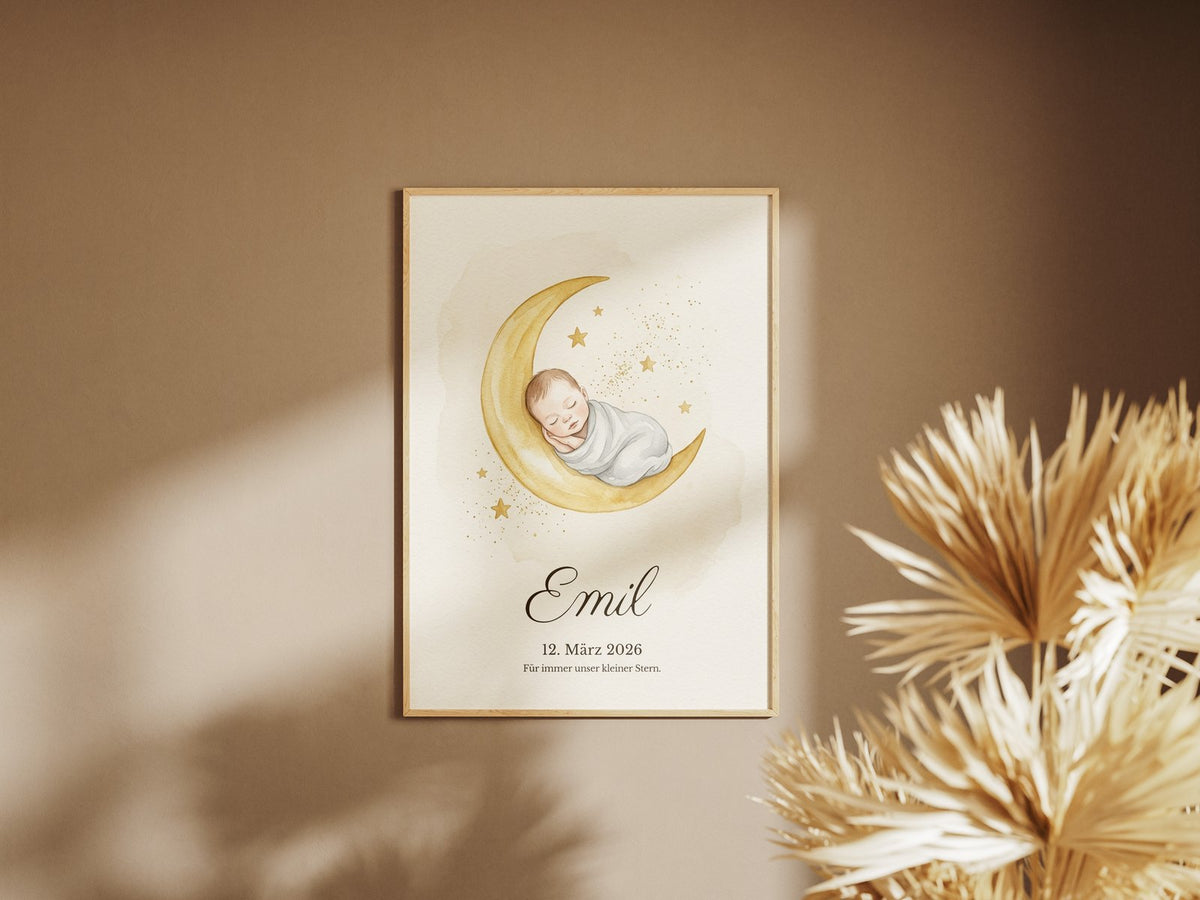 Sternenkind – Mond-Baby Aquarell – gerahmtes Poster an der Wand