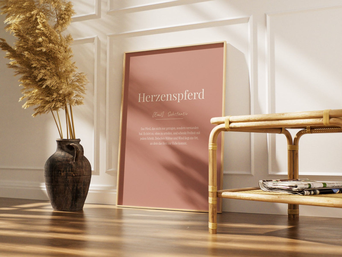 Herzenspferd (Definition) – gerahmtes Poster im Raum