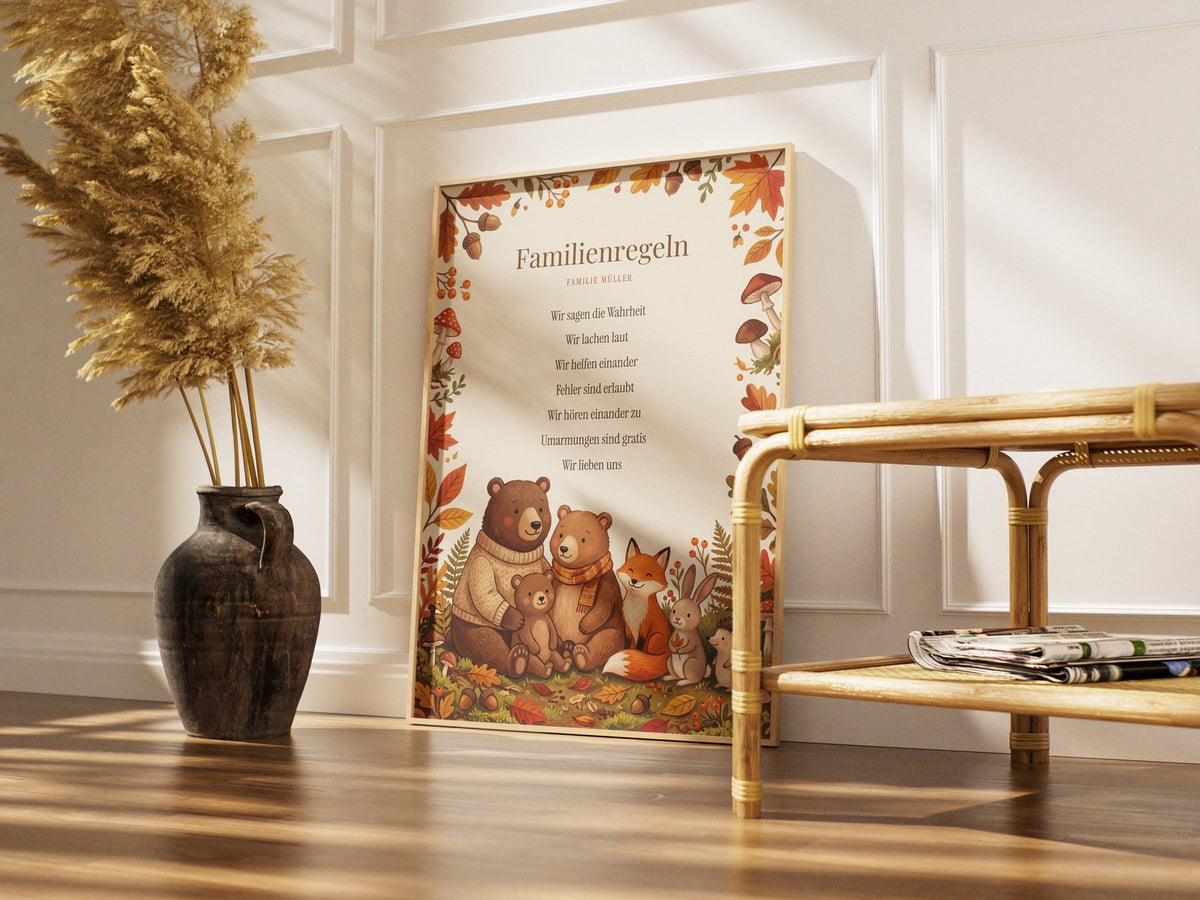 Hausregeln Waldtiere – gerahmtes Poster im Raum