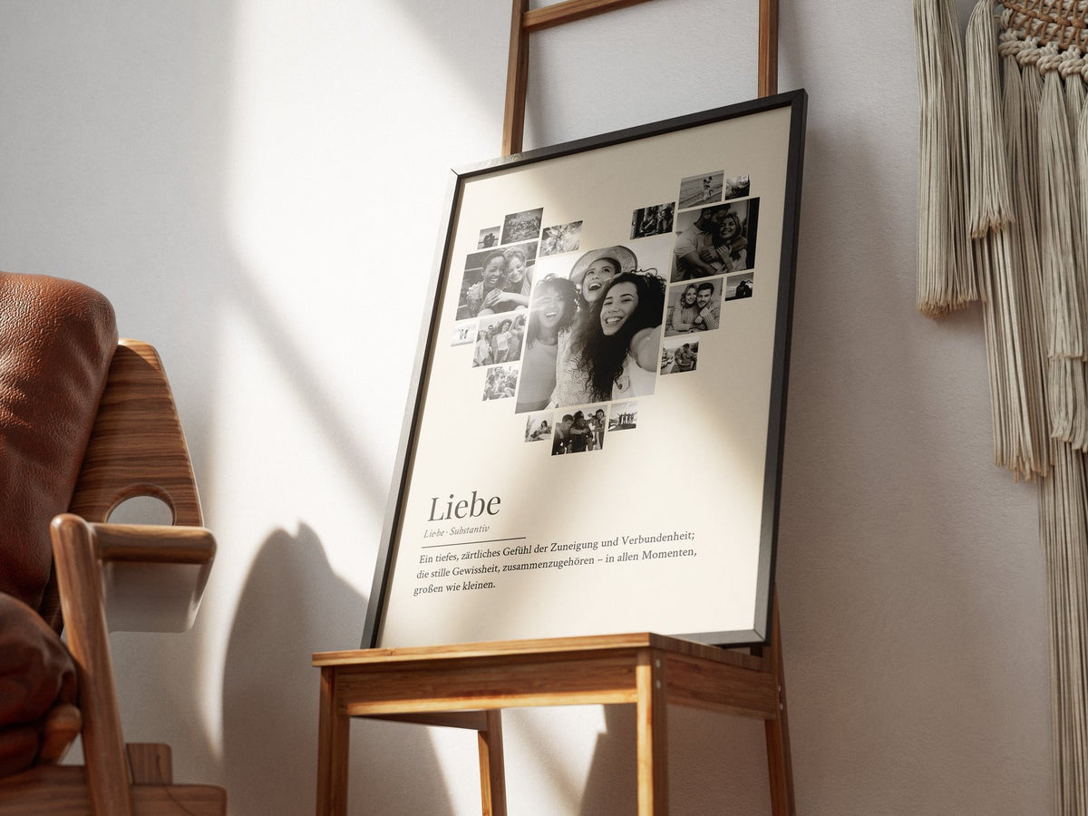 Herz-Fotocollage „Liebe“ – Papierton Creme, Schwarz-Weiß, gerahmt