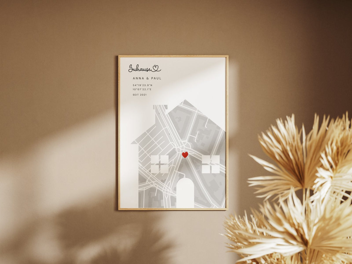 Karten-Poster „Zuhause“ – gerahmtes Poster an der Wand