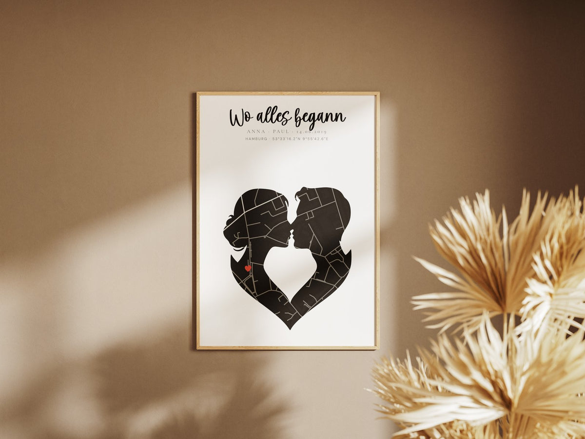 Karten-Poster „Paar-Silhouette“ – gerahmtes Poster an der Wand