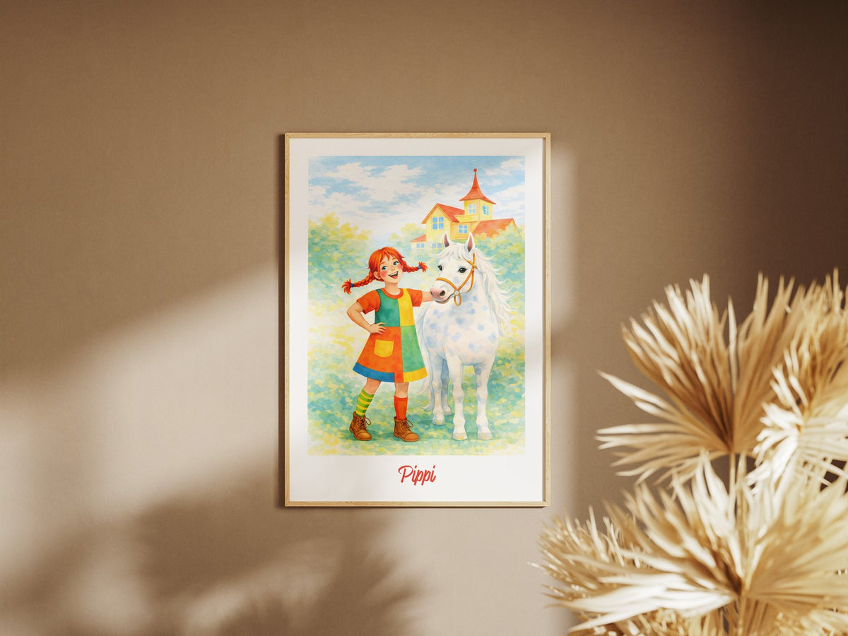 Pippi mit ihrem Pferd – gerahmtes Poster an der Wand