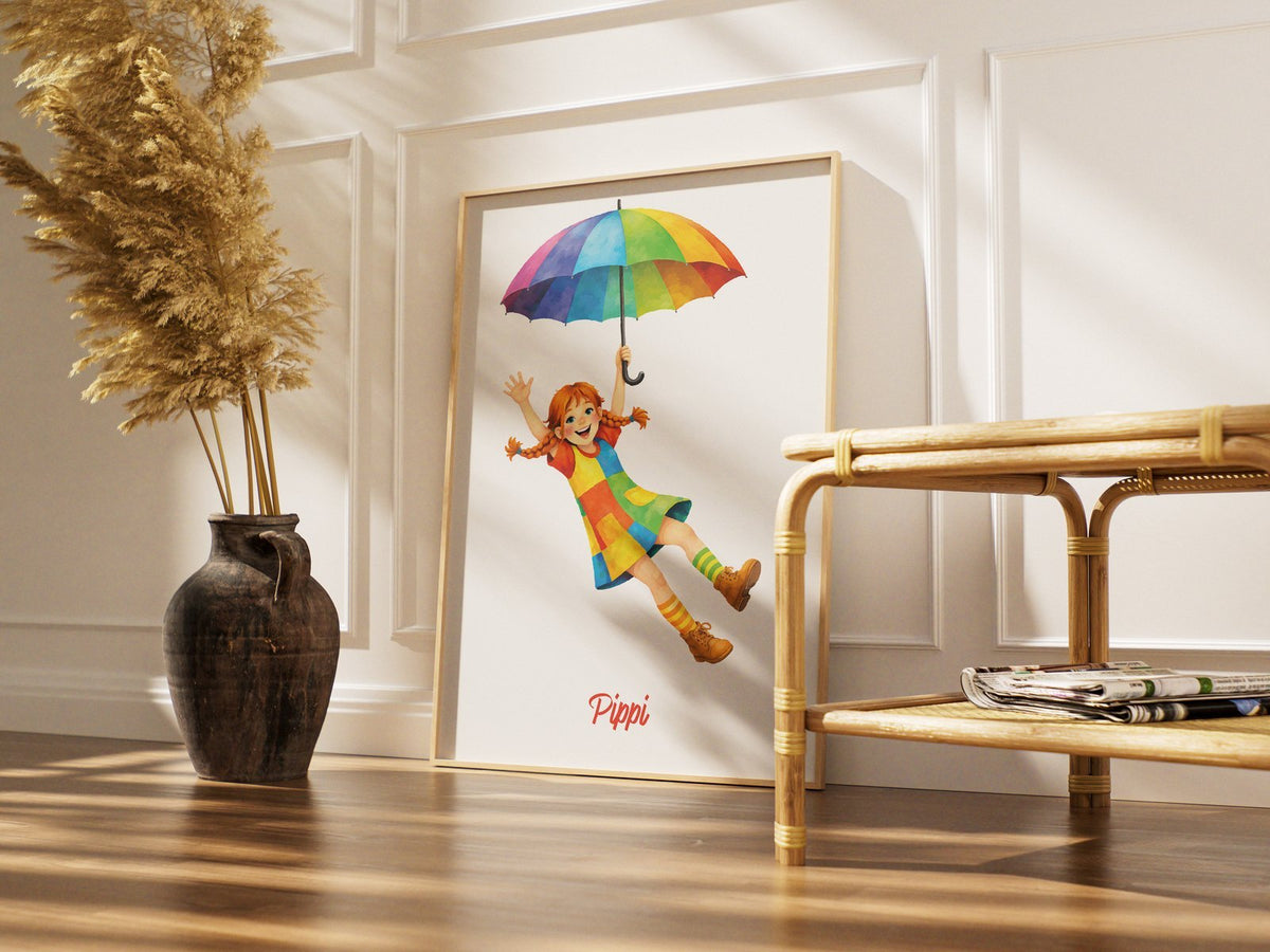 Pippi mit Regenschirm – gerahmtes Poster im Raum