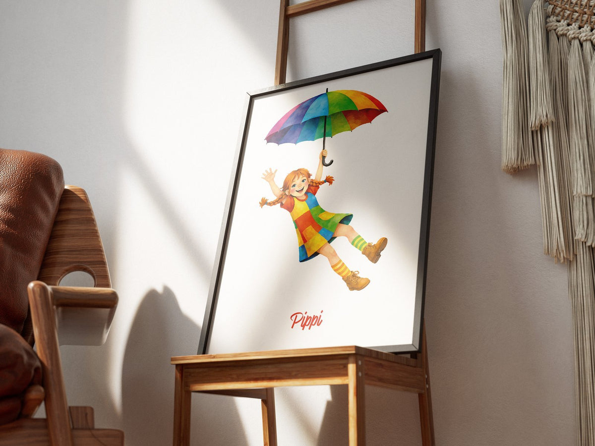 Pippi mit Regenschirm – gerahmtes Poster im Raum