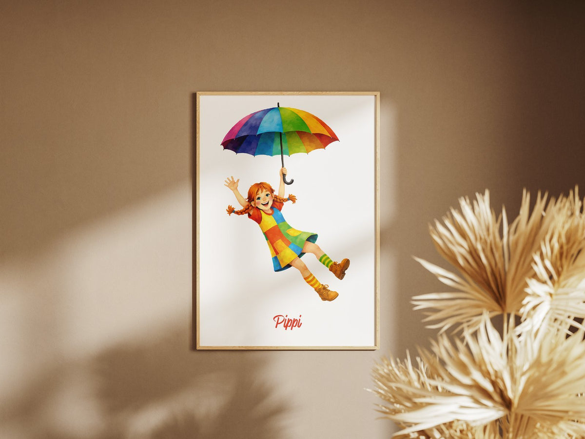 Pippi mit Regenschirm – gerahmtes Poster an der Wand