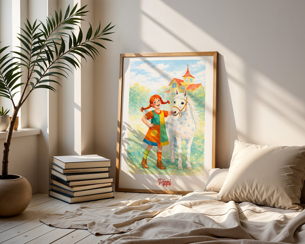 Pippi mit ihrem Pferd – gerahmtes Poster an der Wand