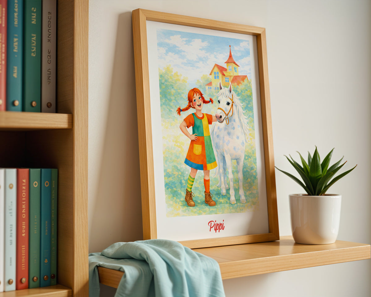 Pippi mit ihrem Pferd – gerahmtes Poster an der Wand