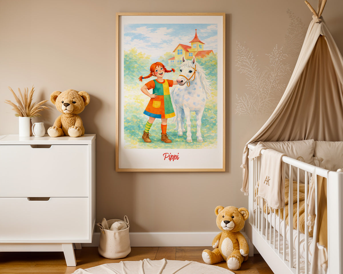 Pippi mit ihrem Pferd – Poster im Kinderzimmer