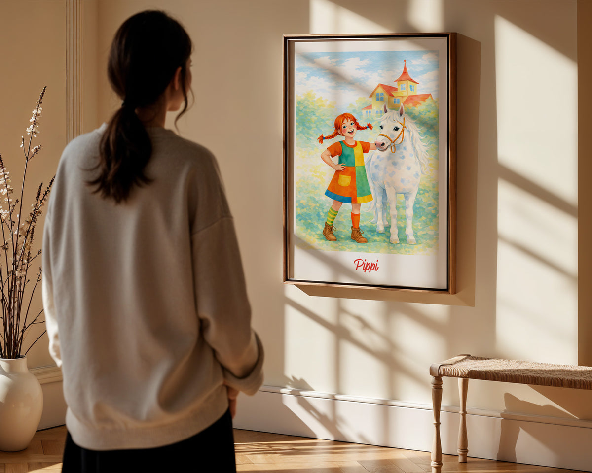 Pippi mit ihrem Pferd – gerahmtes Poster in der Hand