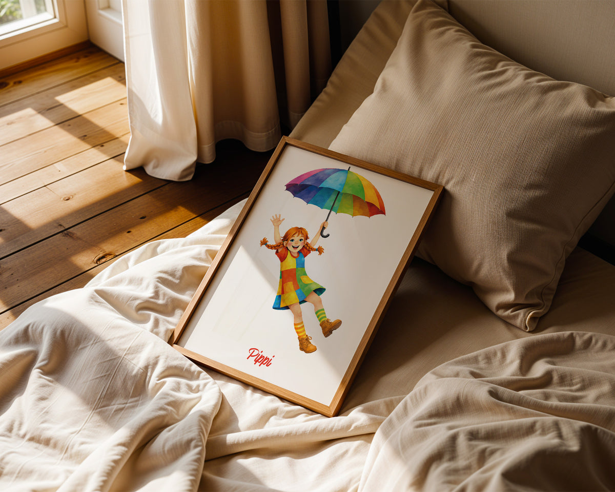 Pippi mit Regenschirm – gerahmtes Poster an der Wand