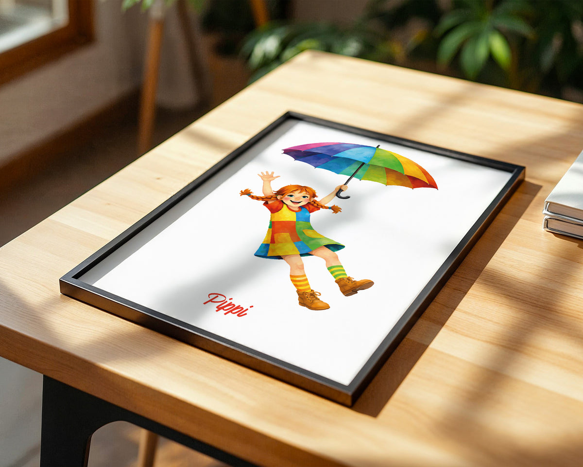Pippi mit Regenschirm – gerahmtes Poster an der Wand