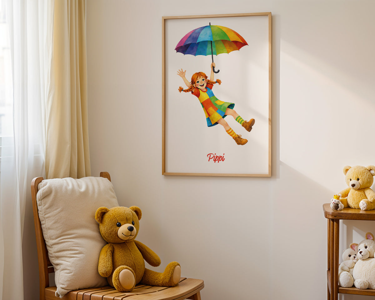 Pippi mit Regenschirm – Poster im Kinderzimmer