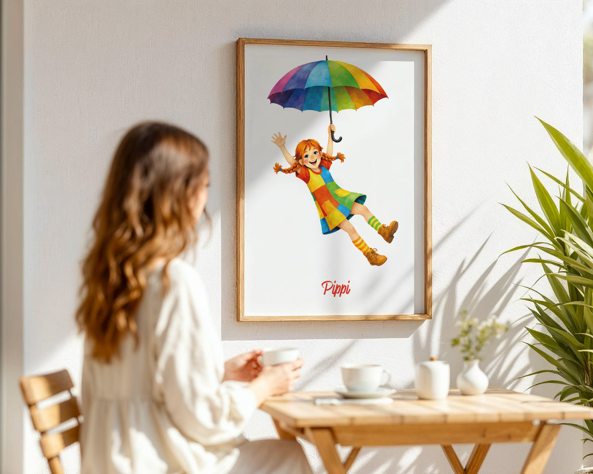 Pippi mit Regenschirm – gerahmtes Poster in der Hand