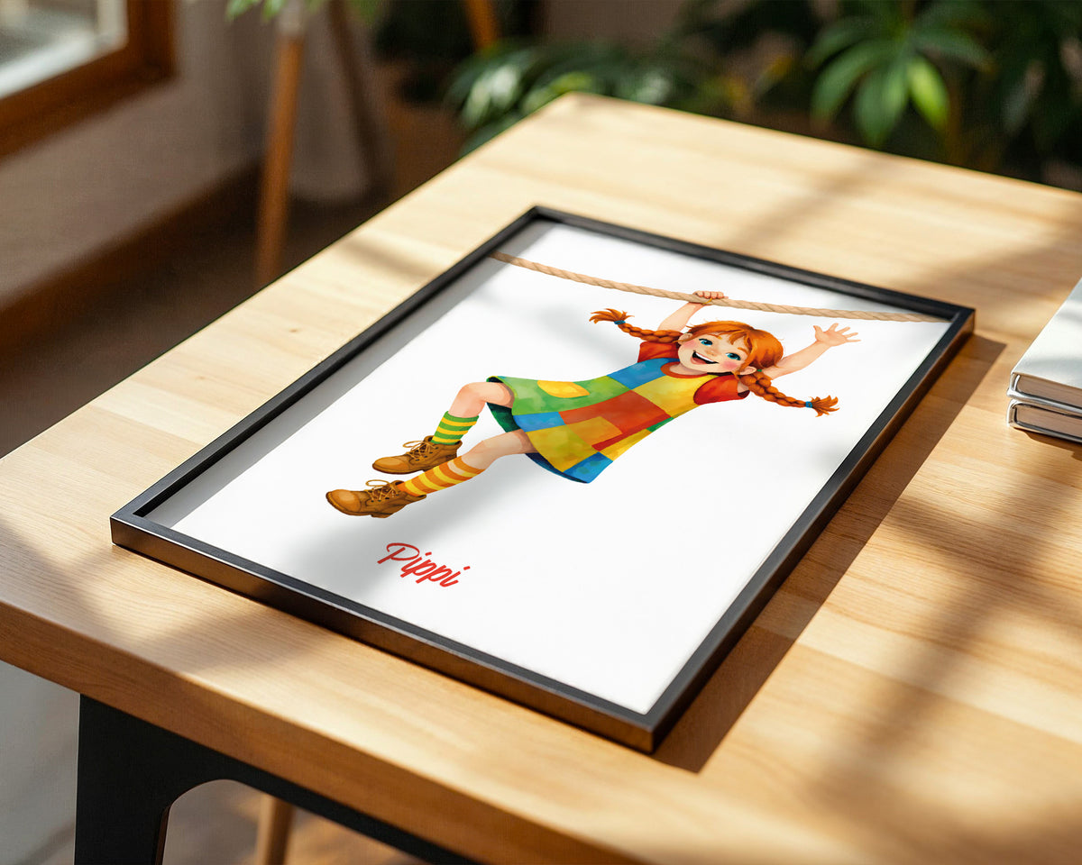 Pippi am Seil – gerahmtes Poster an der Wand