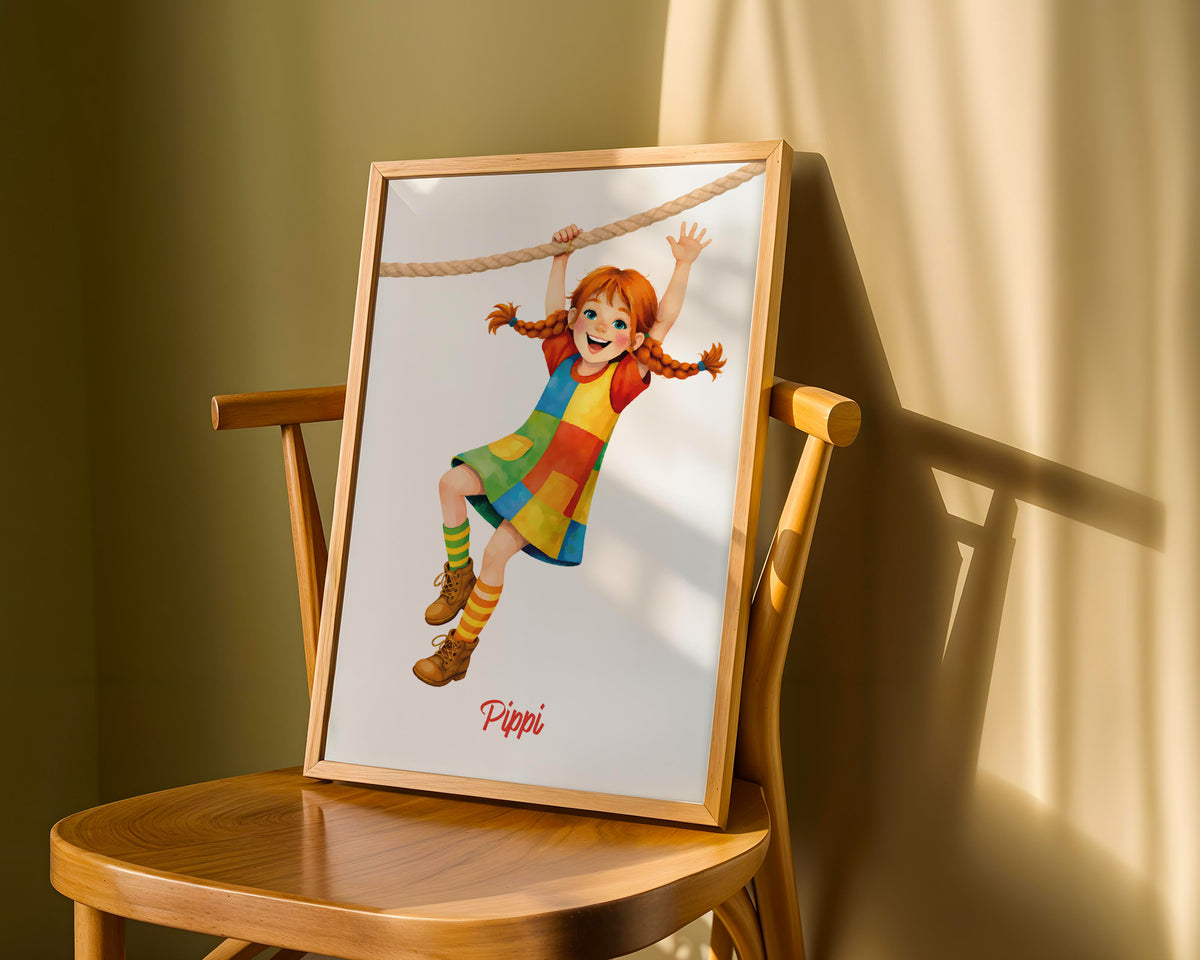 Pippi am Seil – gerahmtes Poster an der Wand