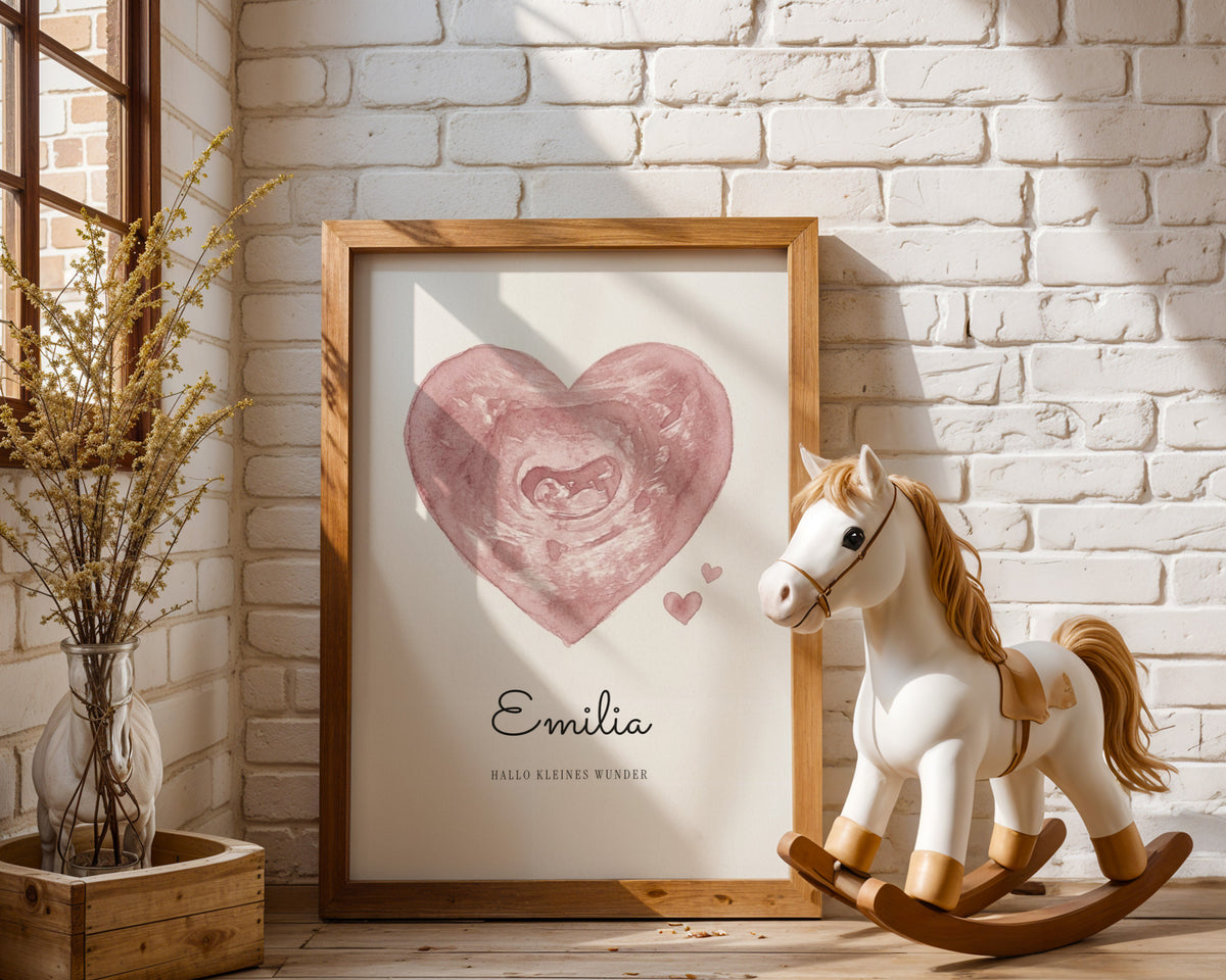 Ultraschallbild als Aquarell-Herz – Poster im Kinderzimmer