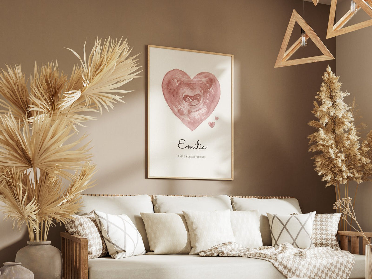 Ultraschallbild als Aquarell-Herz – gerahmtes Poster an der Wand