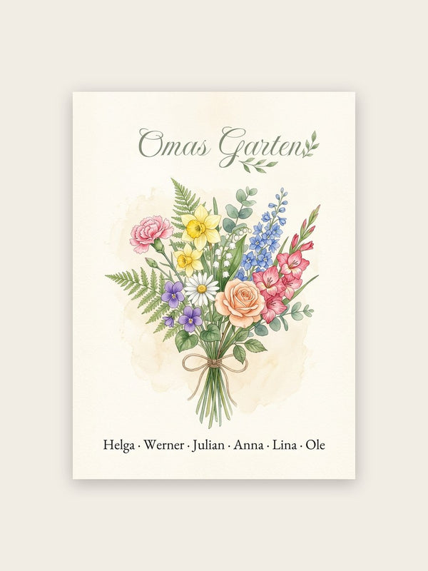 Birth flower family bouquet watercolour (Variant 1) – „Omas Garten“ (Grandma's garden) with names