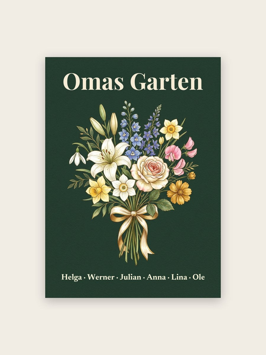 Geburtsblumen Familienstrauß Dunkelgrün (Variante 3) – Omas Garten mit Namen