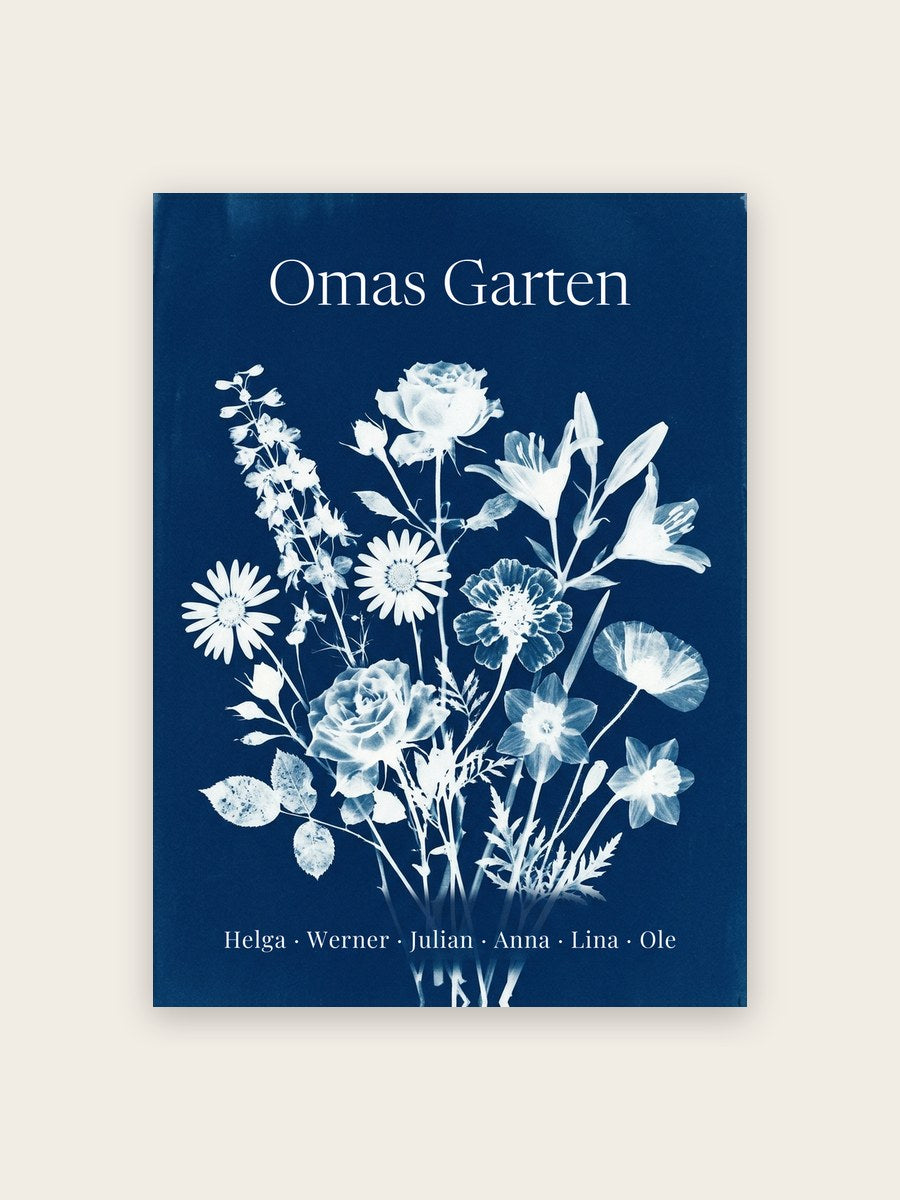 Geburtsblumen Familienstrauß Blaupause (Variante 12) – Omas Garten mit Namen