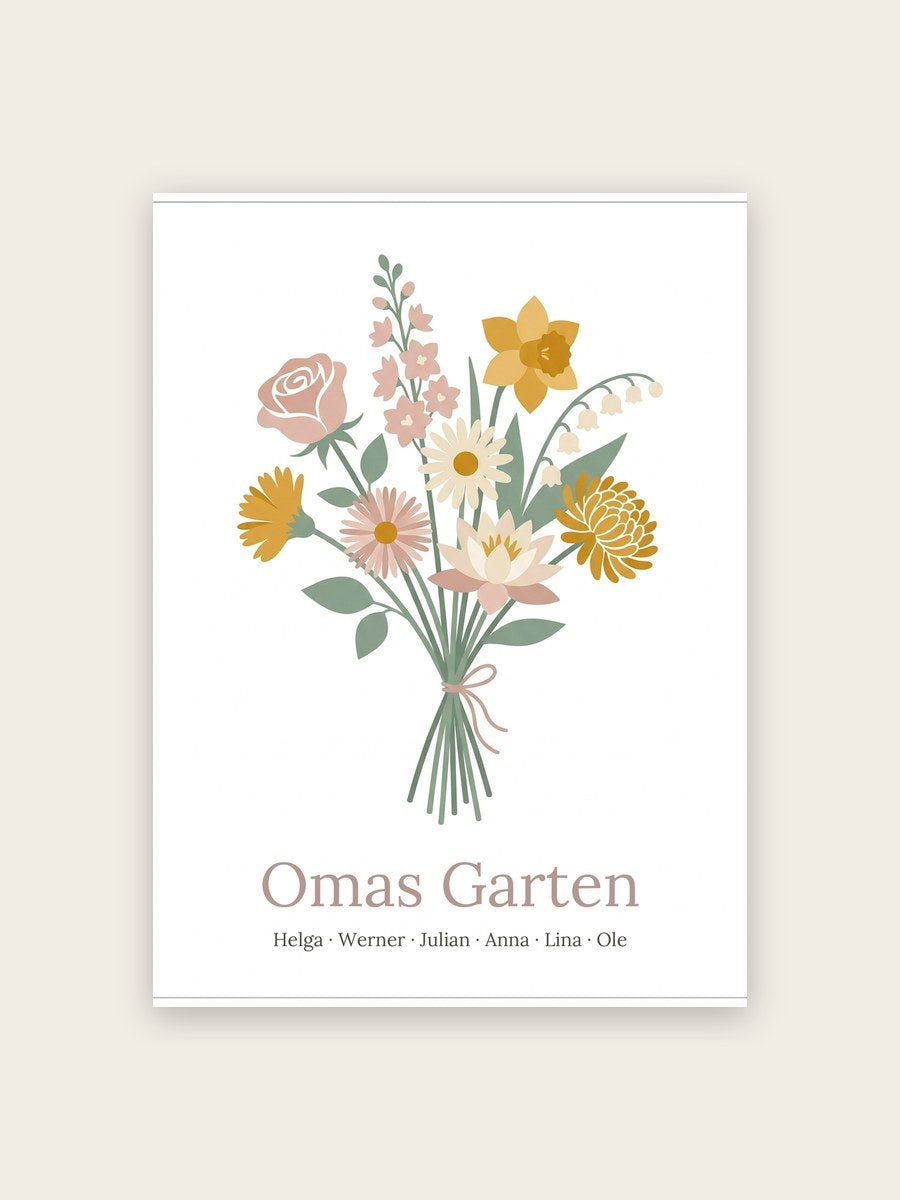Geburtsblumen Familienstrauß Modern Schlicht (Variante 14) – Omas Garten mit Namen