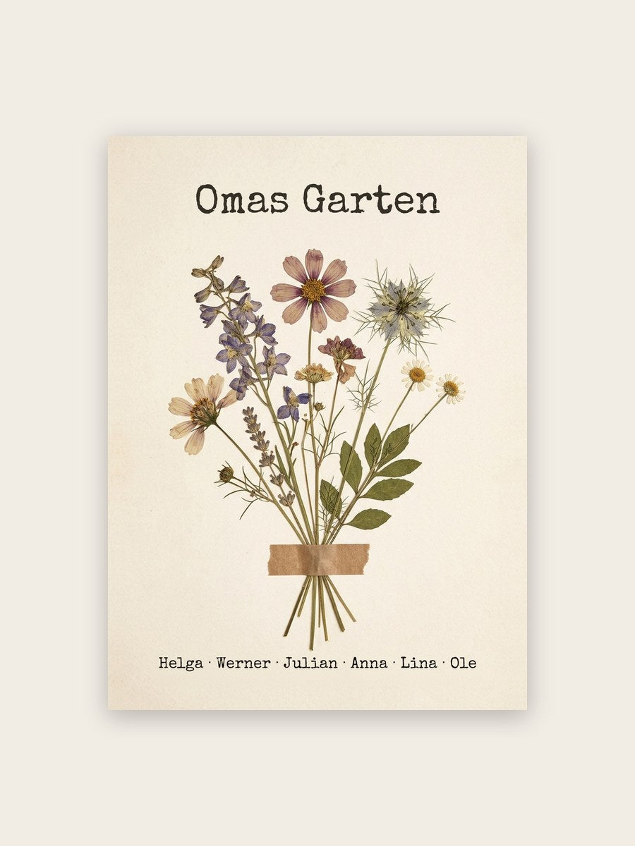 Geburtsblumen Familienstrauß Gepresste Blumen (Variante 7) – Omas Garten mit Namen