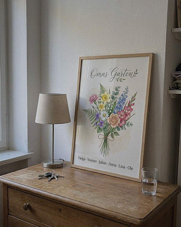 Example photo: Birth flower family bouquet watercolour (Variant 1) – „Omas Garten“ (Grandma's garden) with names