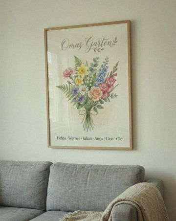 Example photo: Birth flower family bouquet watercolour (Variant 1) – „Omas Garten“ (Grandma's garden) with names
