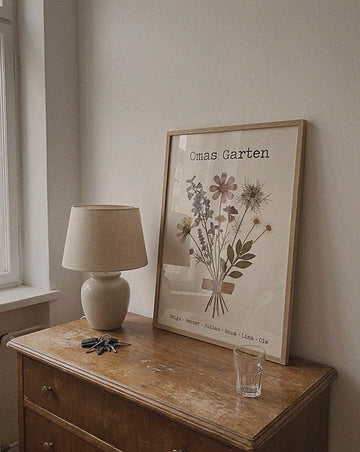 Example photo: Birth flower family bouquet pressed flowers (Variant 7) – „Omas Garten“ (Grandma's garden) with names
