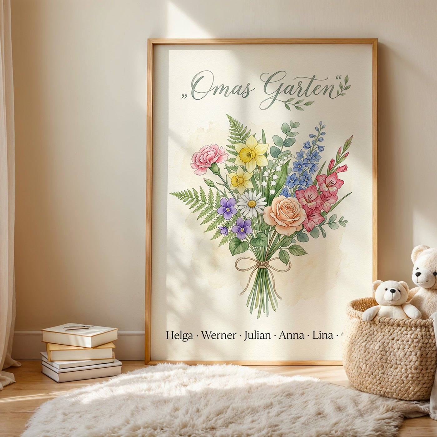 Geburtsblumen Familienstrauß Aquarell (Variante 1) – Omas Garten mit Namen Ansicht 1