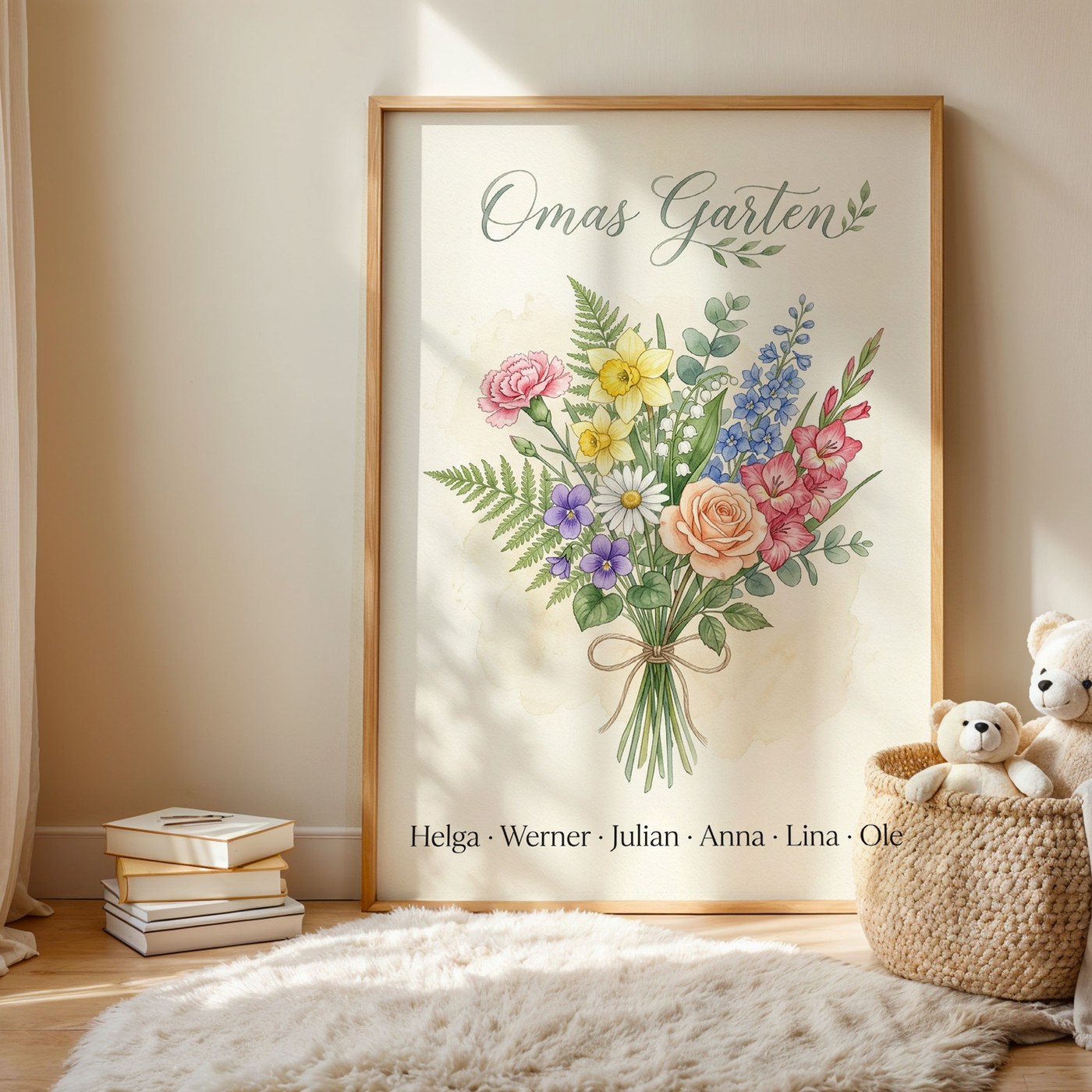 Birth flower family bouquet watercolour (Variant 1) – „Omas Garten“ (Grandma's garden) with names
