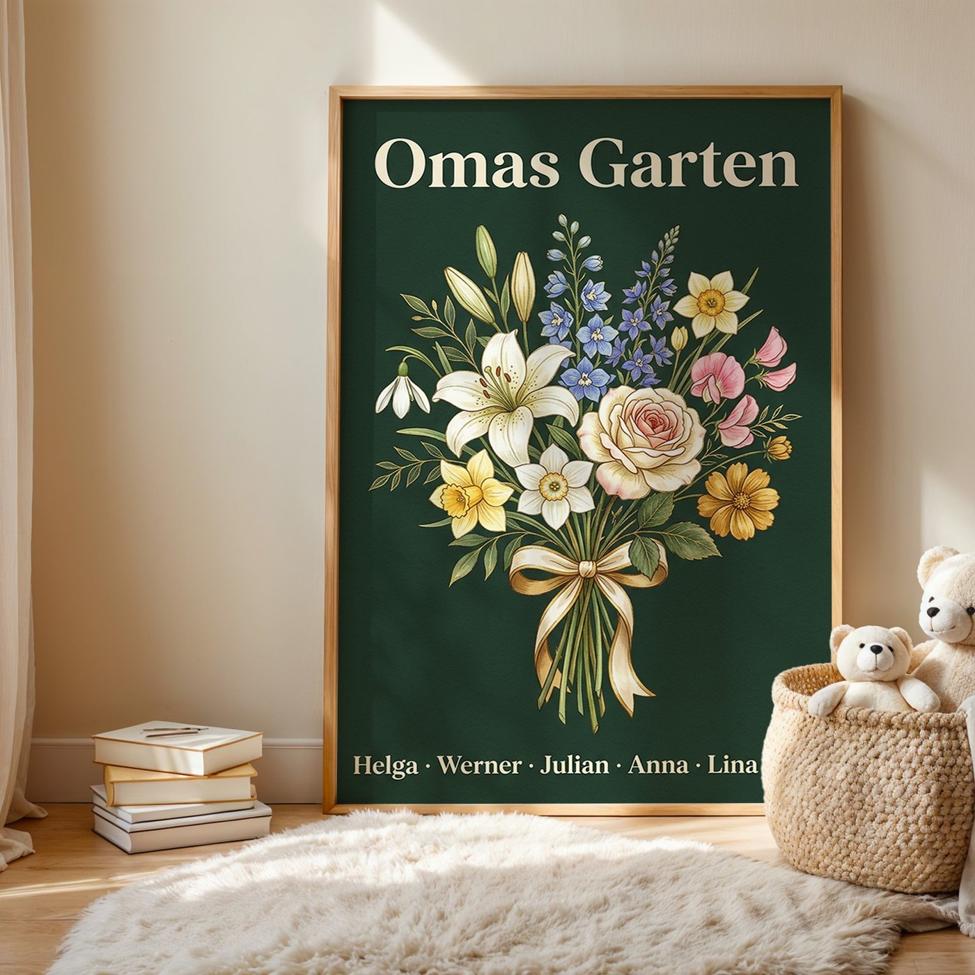Geburtsblumen Familienstrauß Dunkelgrün (Variante 3) – Omas Garten mit Namen Ansicht 1