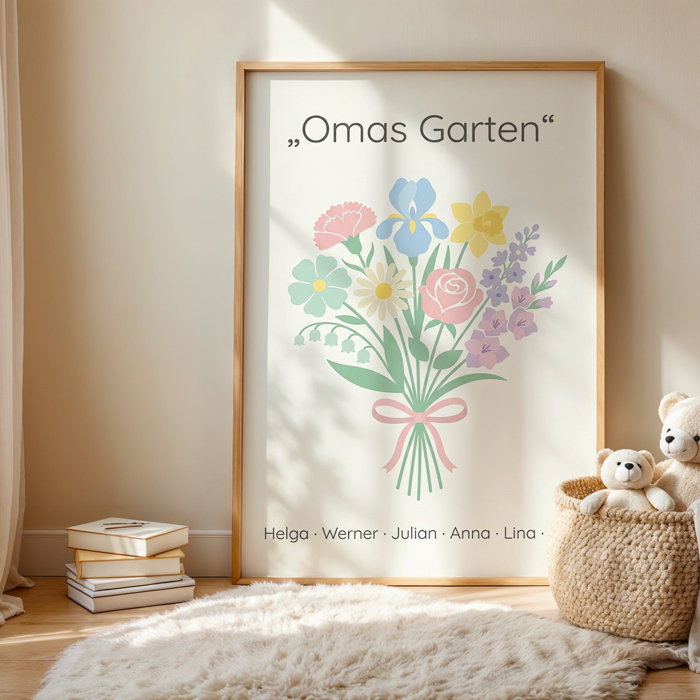 Geburtsblumen Familienstrauß Scandi Pastell (Variante 4) – Omas Garten mit Namen Ansicht 1
