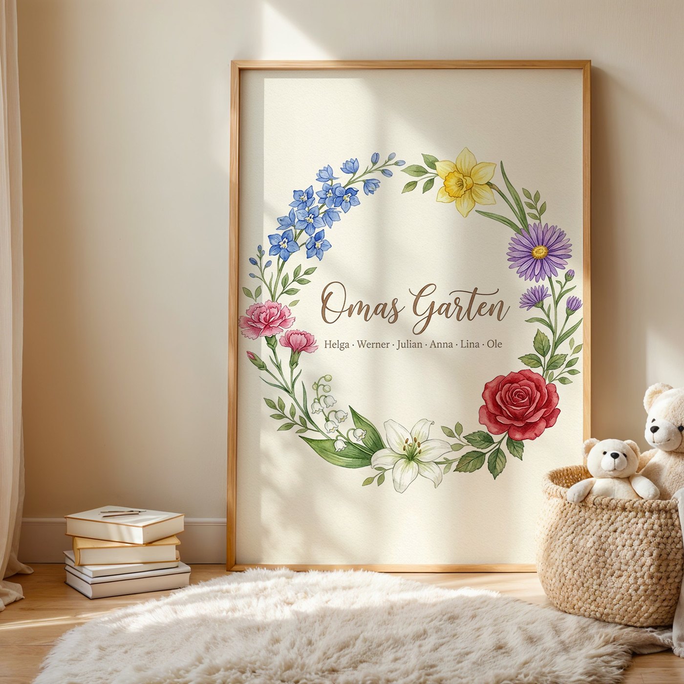 Birth flower family bouquet floral wreath (Variant 6) – „Omas Garten“ (Grandma's garden) with names