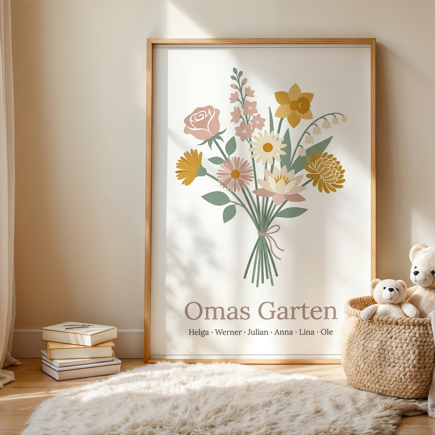 Geburtsblumen Familienstrauß Modern Schlicht (Variante 14) – Omas Garten mit Namen