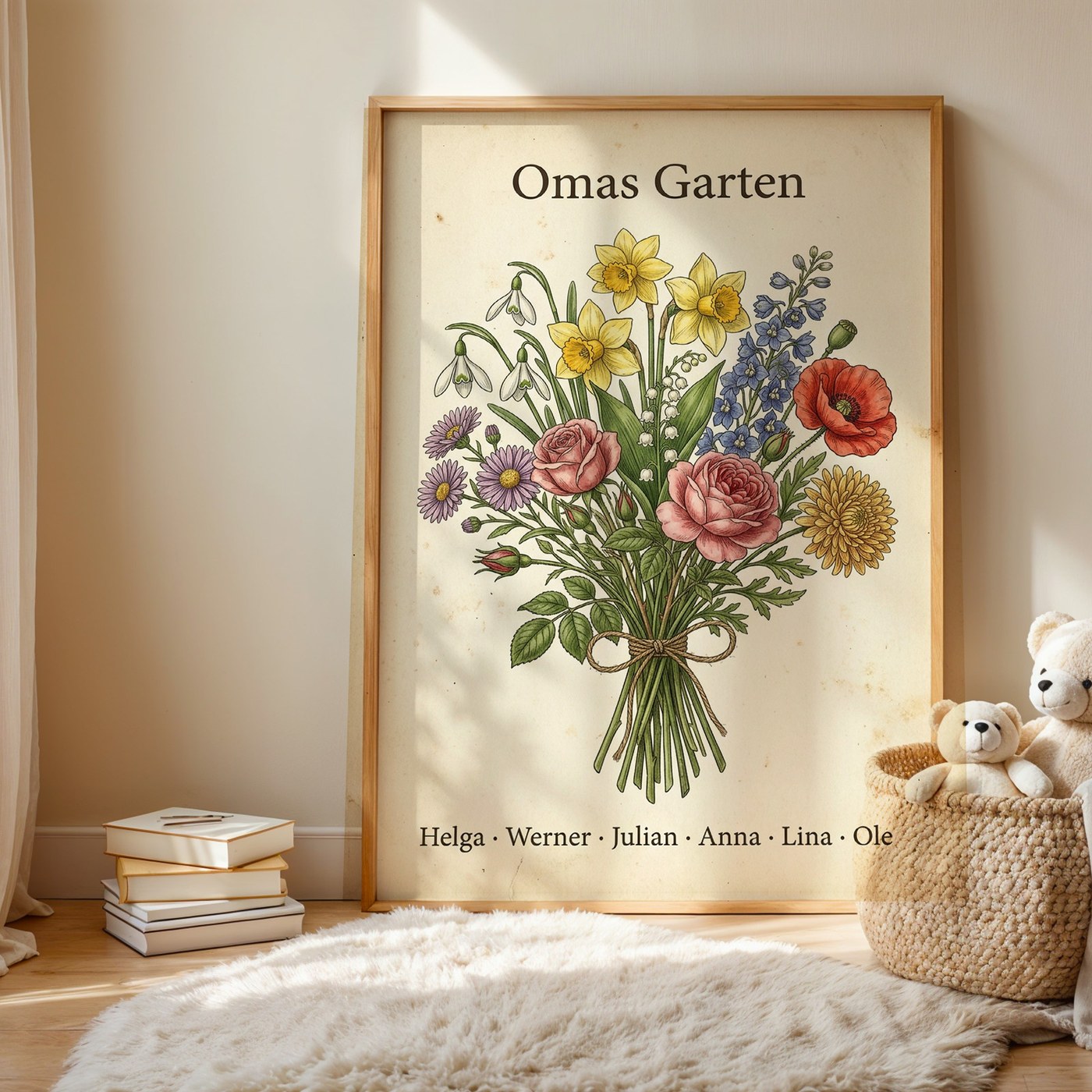 Birth flower family bouquet vintage (variant 2) – "Omas Garten" (Grandma's garden) with names