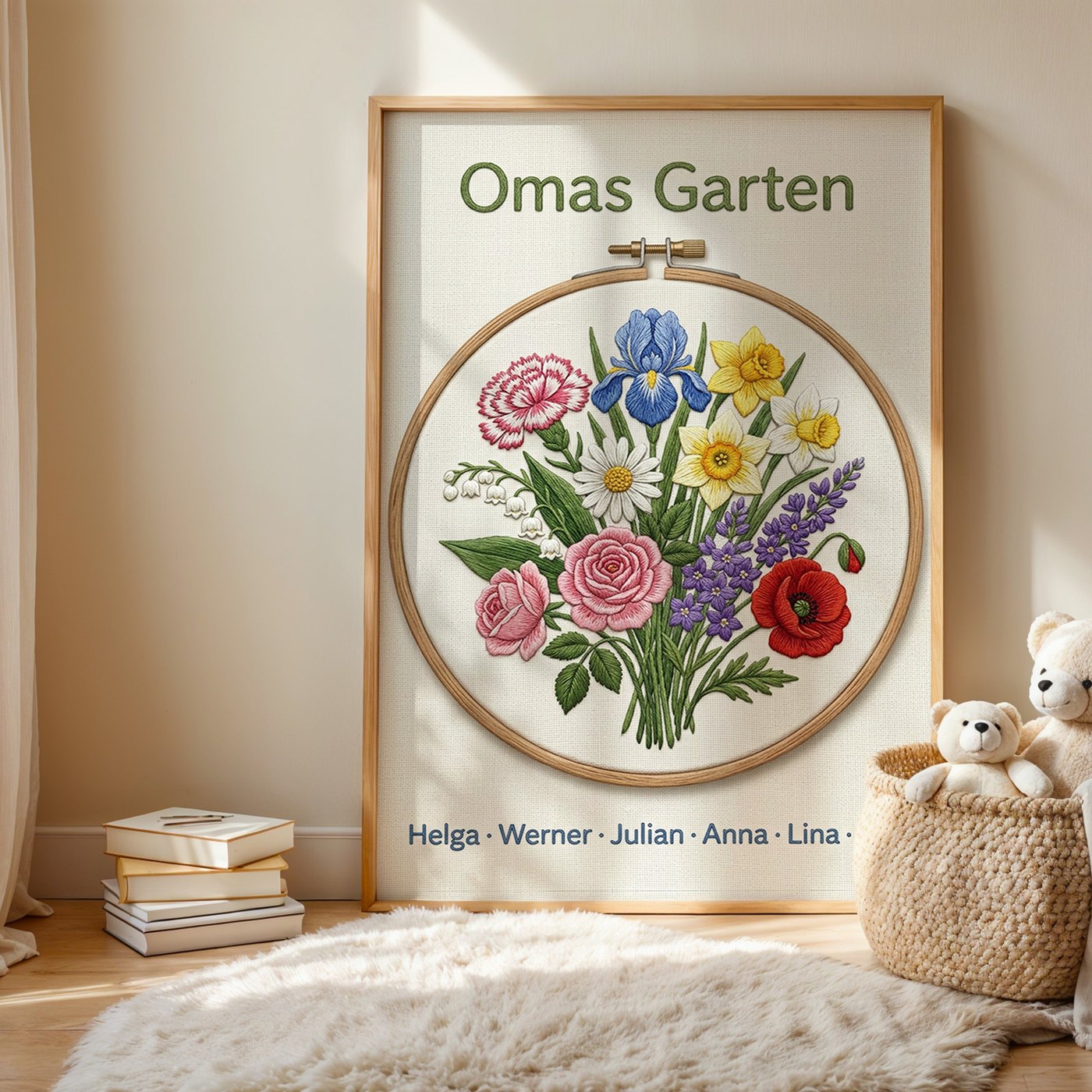 Geburtsblumen Familienstrauß Stickrahmen (Variante 10) – Omas Garten mit Namen Ansicht 1