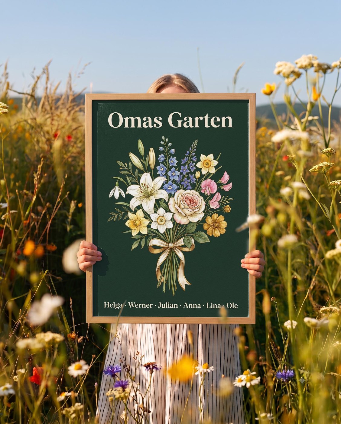 Geburtsblumen Familienstrauß Dunkelgrün (Variante 3) – Omas Garten mit Namen Ansicht 2