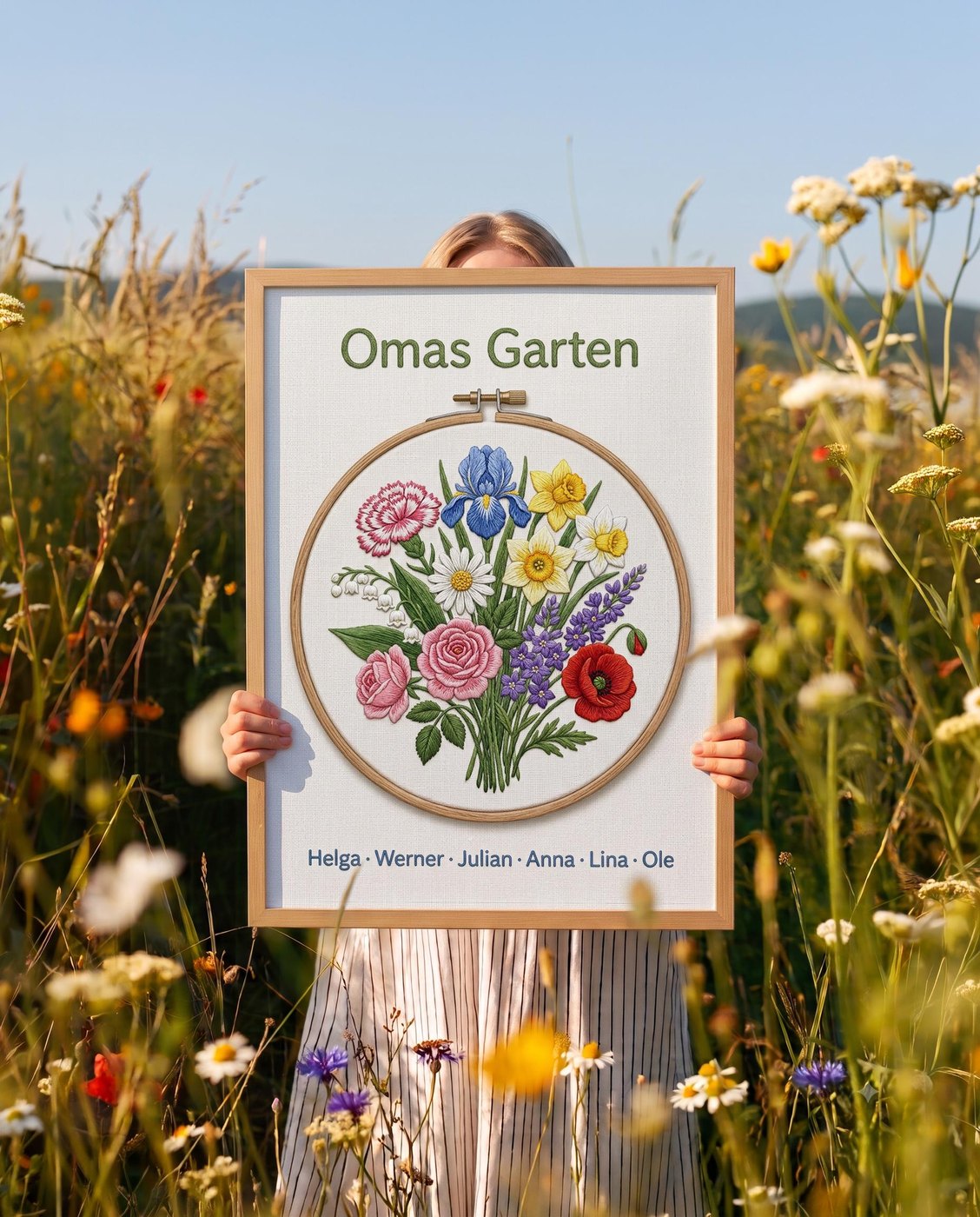 Geburtsblumen Familienstrauß Stickrahmen (Variante 10) – Omas Garten mit Namen Ansicht 2