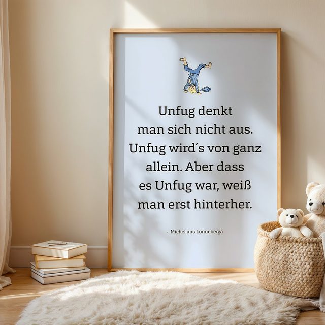 Michel aus Lönneberga Plakat mit Zitat Digitaler, in blau, rosa und weiß im Kinderzimmer