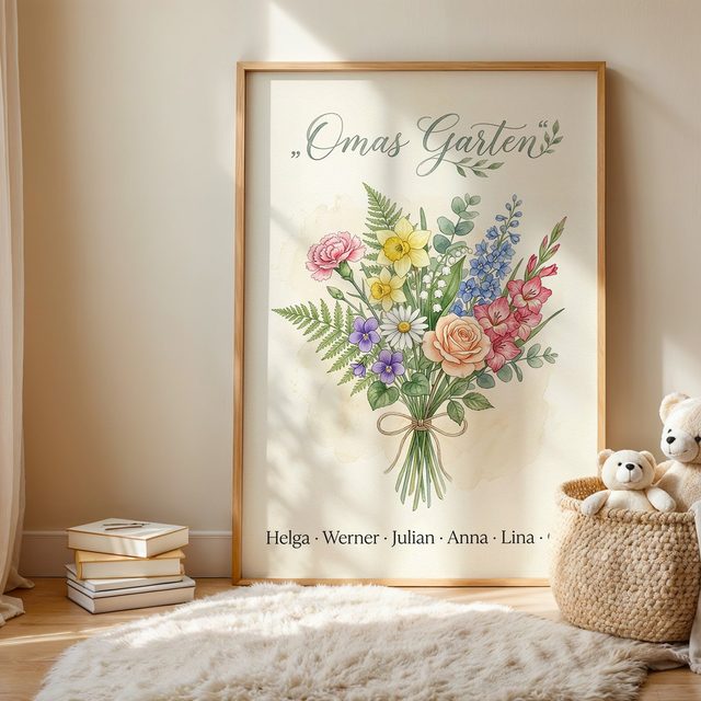 Geburtsblumen Familienstrauß Aquarell (Variante 1) – Omas Garten mit Namen im Kinderzimmer