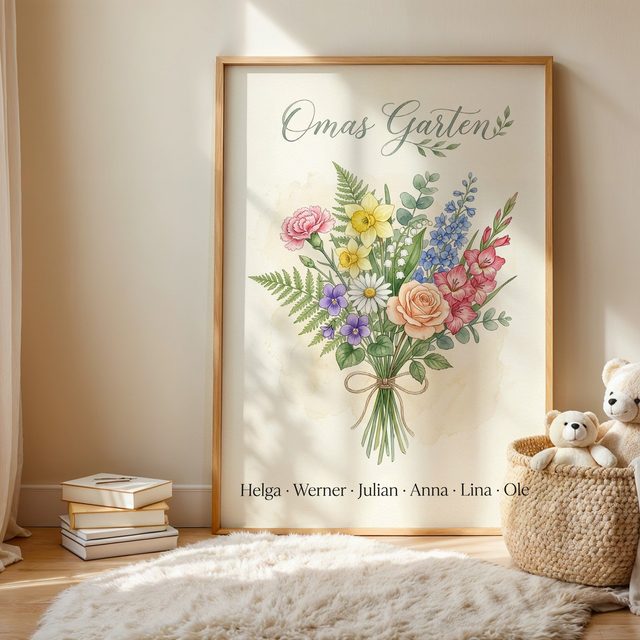Birth flower family bouquet watercolour (Variant 1) – „Omas Garten“ (Grandma's garden) with names in the kids' room