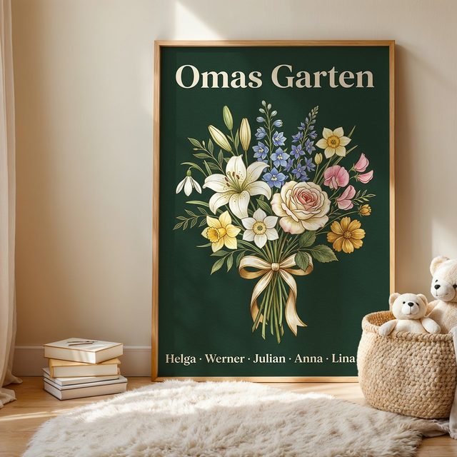 Geburtsblumen Familienstrauß Dunkelgrün (Variante 3) – Omas Garten mit Namen im Kinderzimmer