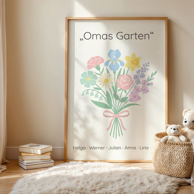 Geburtsblumen Familienstrauß Scandi Pastell (Variante 4) – Omas Garten mit Namen im Kinderzimmer